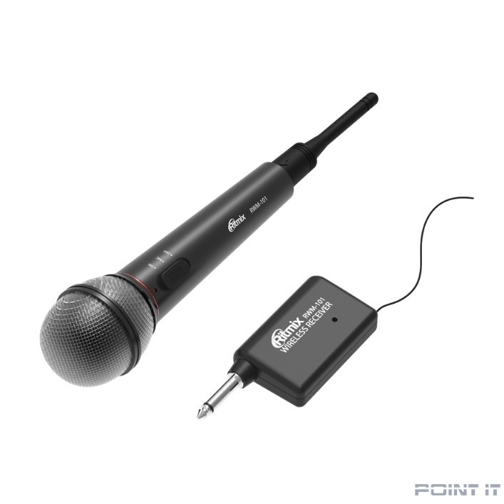 RITMIX RWM-101 black { 85 дБ, максимальная девиация: ± 30 КГц, переключатель вкл./выкл., 3 pin XLR - Jack 6.3 mm, 3 м, питание микрофона: 1,5 В (постоянный ток DC, батарейки АА)}
